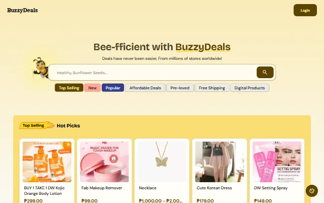 Screenshot of the BuzzyDeals marketplace home page