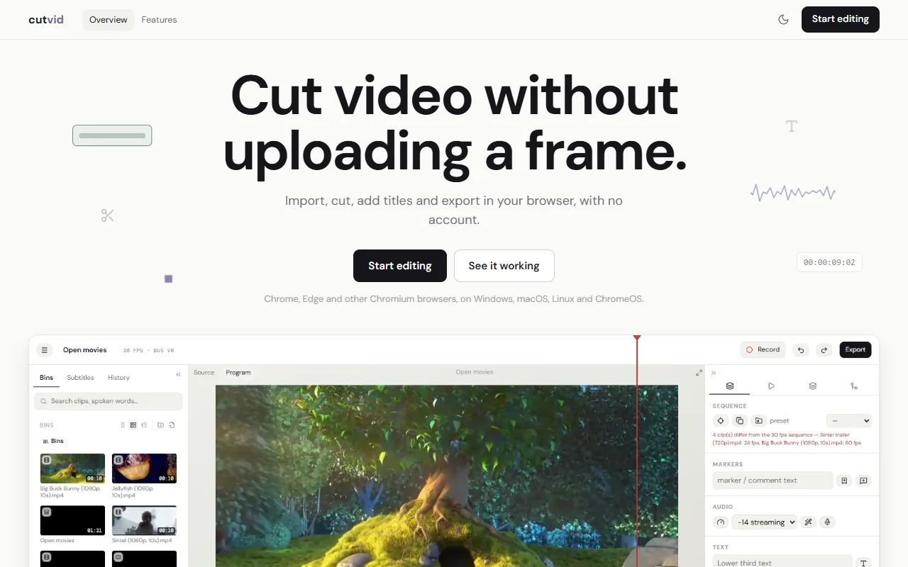 The cutvid landing page: Cut video without uploading a frame, over the editor