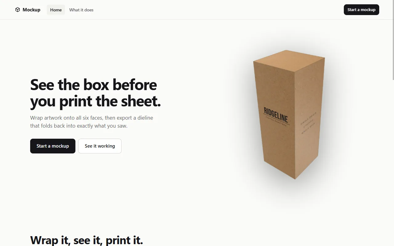 The Mockup Generator landing page: a rendered kraft box beside the words See the box before you print the sheet